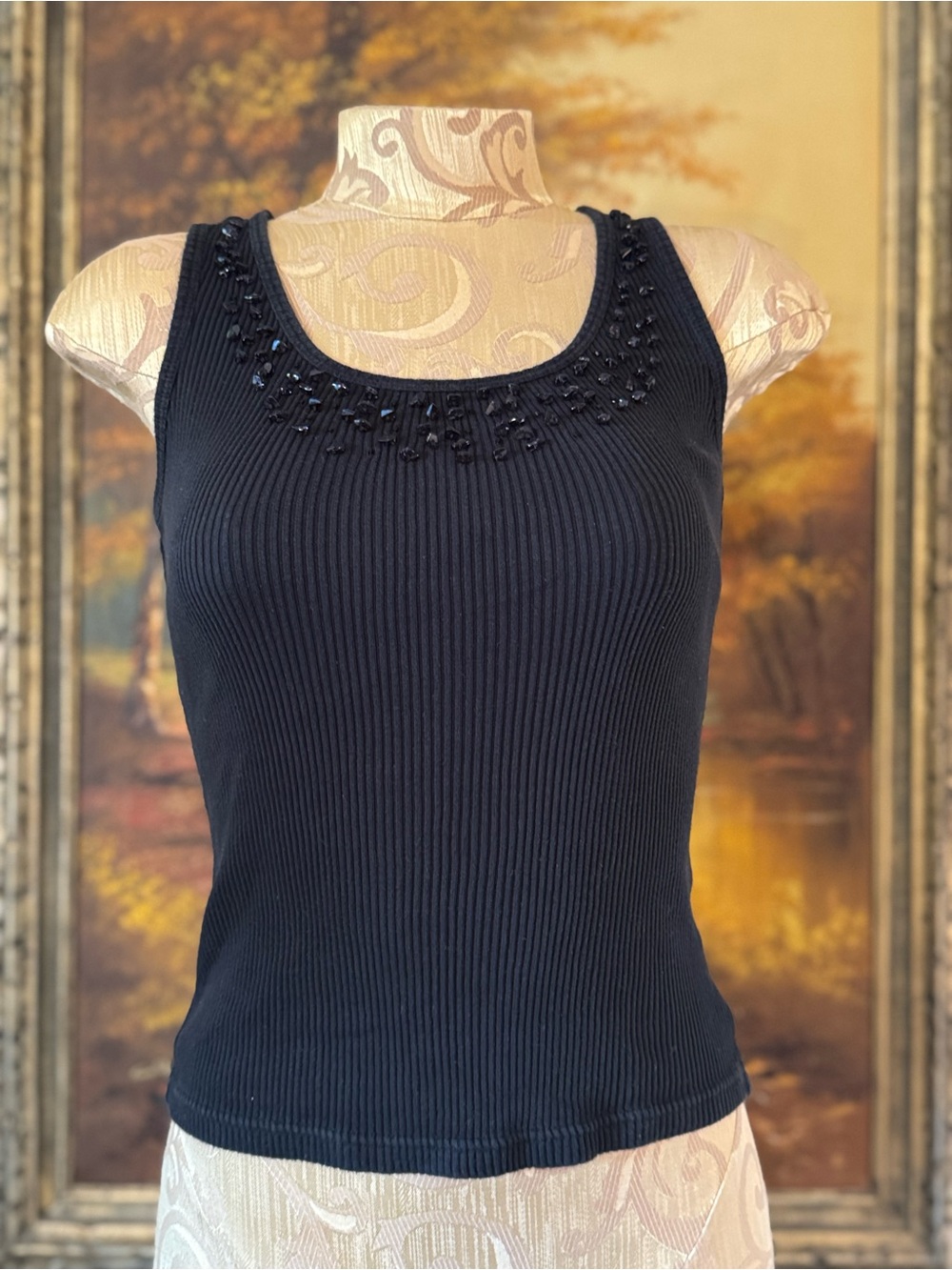 Y2K Black Ribbed Beaded Tank Top by Apostrophe - coquette grunge Fairycore